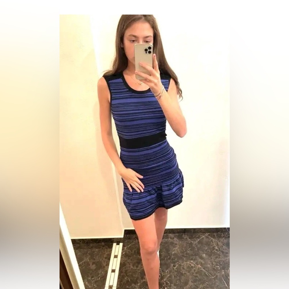 SANDRO blue black striped sleeveless knit peplum mini bodycon dress Sz 2